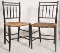 A pair of Regency mahogany ebonised rattan weave country dining chairs having original green painted