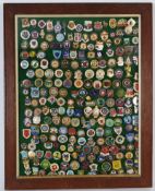 A good collection of approx 200 vintage enamel painted Bowling Club badges, mounted on a display