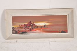 Abstract oil on board seascape with Island and boats signed bottom left corner 60cms x 20 cms