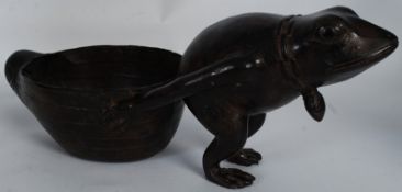 An early Japanese bronze toad with basket cart of large proportions. Measures 16cms High x 35cms