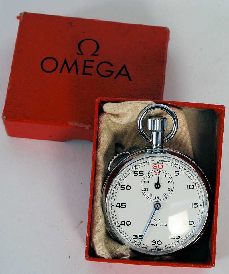 An original Omega pocket stop watch having subsiduary dial complete with original box. Together with