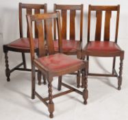 A set of 4 1930's barley twist oak rail back dining chairs. Barleytwist legs with stretchers