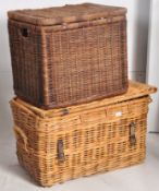 2 large whicker baskets one with leather straps, both with hinged lids. 46cms x 72cms x 47cms