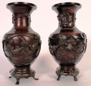 A pair of Japanese oriental bronze vases, with bird and dragon decoration.