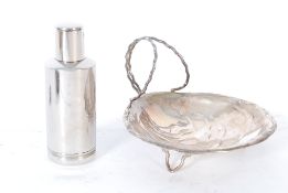 A silver plate bon bon dish together with a cased desert set and a glass lined scent bottle.