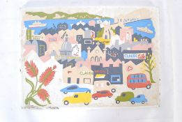 A Bernard Hesling 20th century enamelled painted metal plaque decorated with town scene, being