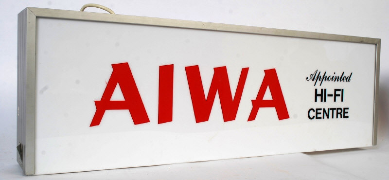 An original vintage shop advertising electric light display sign for Aiwa Hi-Fi centre.