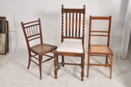 An Edwardian inlaid bedroom chair together with a 1930's barleytwist single chair and a caned seat