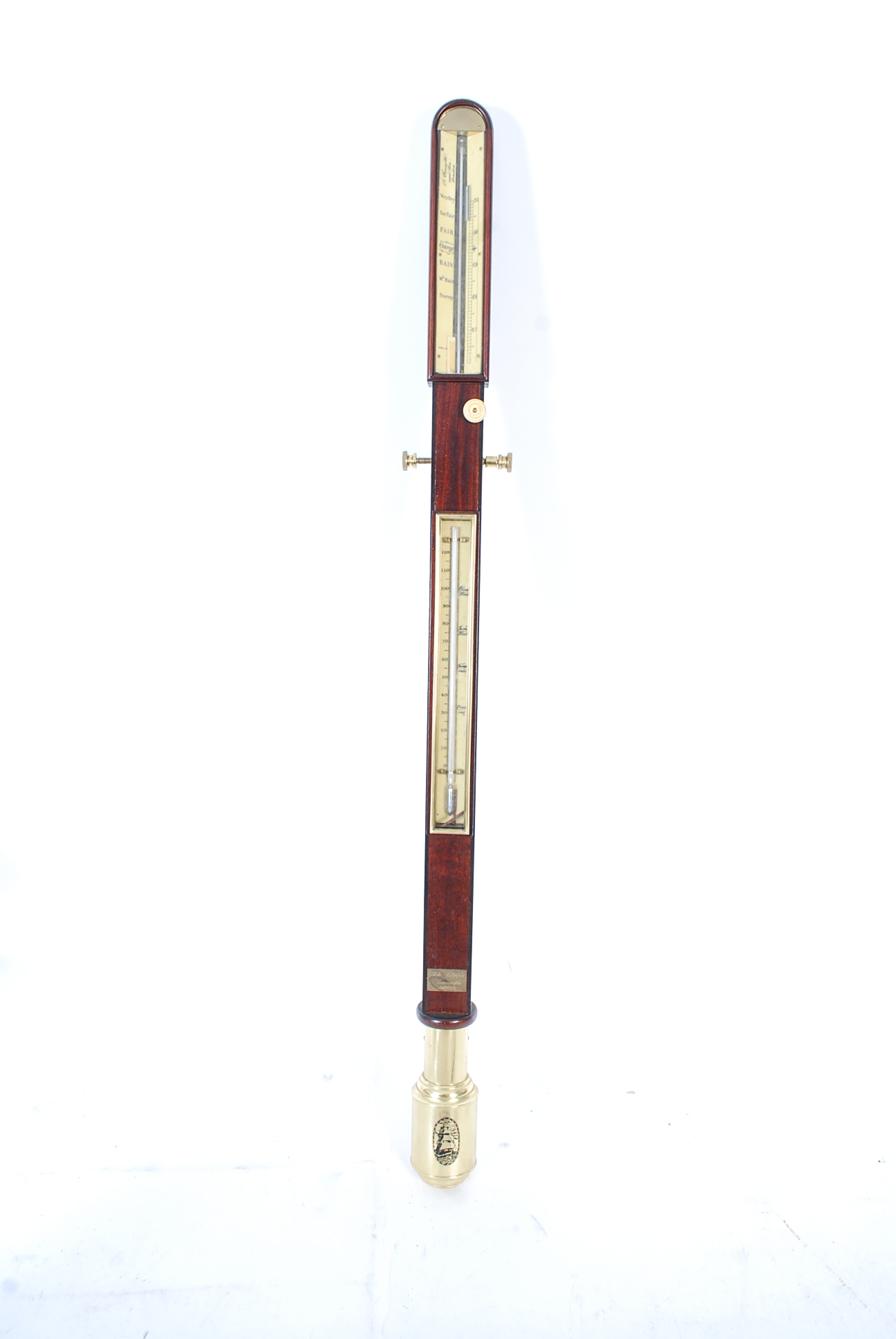 A reproduction ships stick barometer, with gimble mount, signed Comitti and Sons, the mahogany