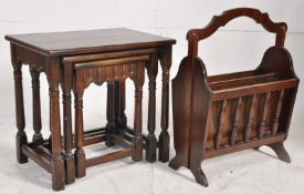 A Jaycee oak graduating nest of tables in the Jacobean revival style together with a magazine rack