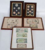 A collection of framed and glazed Japanese occupation British Armed Forces bank notes together