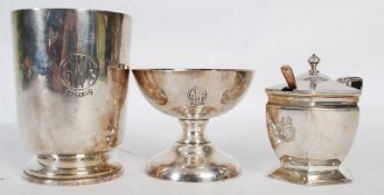 A 1930's GWR hotels silver plate half tankard by Walker & Hall together with a sugar bowl and a blue