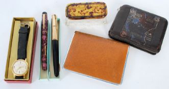 A 14ct gold nibbed fountain pen together with a Parker 51 pen, cigarette cases, tortoiseshell