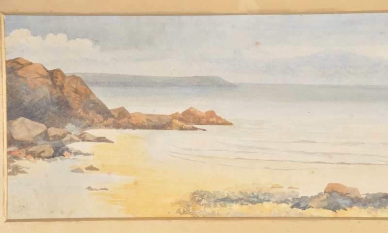 An Edwardian water colour of Fermaine Bay, by Olive Mortimer, Guernsey. Being framed and glazed.