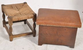 An oak footstool with open interior and padded top together with a rattan weave smaller footstool