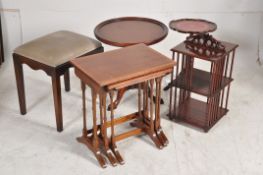 An Edwardian style inlaid nest of tables together with a table top bookcase, two tripod occasional