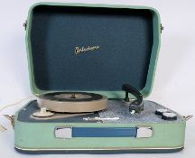 A Portadyne retro original vintage portable record player in working order having green two tone