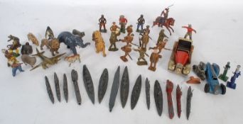 A collection of vintage lead toys to include ships, soldiers, Triang Minic car tin plate  etc (