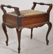 An Edwardian mahogany piano stool with hinged seat, storage underneath with shaped supports. 60cms x