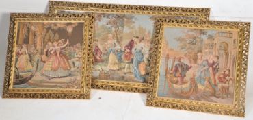 Three gilt painted framed tapestries. Two H46cm x W46cm, the other H46cm x W98cm.