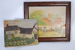 2 naive English school paintings, both oils, one being framed. Depicting English cottage / house