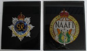 Two mid 20th century army / military glass mess hall plaques, one with regimental badge for the