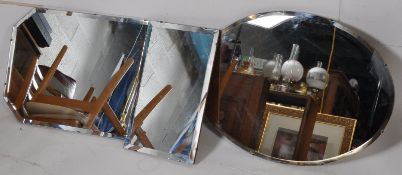 Two large 1930's Art Deco frameless bevelled edge mirrors. One being oval, the other arched shaped