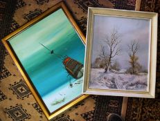 An oil on board of country snow scene, unsigned, along with an oil on board of a ship wreck,