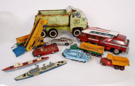 A large quantity of vintage diecast toy vehicles and cars to include Dinky Super Toys, a tinplate