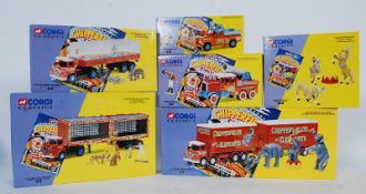 A collection of 6 Corgi Classics diecast toy Chipperfields Circus cars, figures and vehicles. All