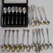 A quantity of silver spoons, some hallmarked, others not to include a set of 6 boxed spoons and