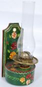 A Victorian wall mounted barge ware oil lamp, Decorative canal boat colours with lower reservoir the