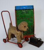 A vintage Mamod style toy steam engine (unmarked) along with a Chad Valley tinplate football game