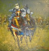 A 20th century large oil on canvas of a middle eastern horse race. Galloping horses with mounted and