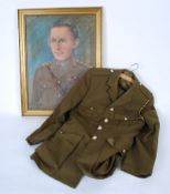 A WWII era army suit jacket & trousers with uniform buttons attached, along with an oil on canvas of