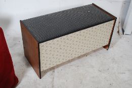 A retro 1970's upholstered blanket box together with a mahogany sewing box complete with contents