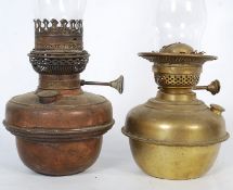 2 Victorian copper and brass oil lamps ( Standard lamp fitment) Both with chimneys of standard form