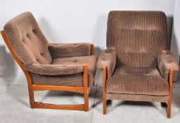 A pair of retro 1970`s Cintique armchairs having show wood Danish influence frames with velour