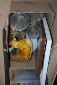 A box to include apothecary jars, bird figurines, a chicken crock pot etc