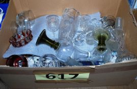 A large box of glassware to include coloured glasses, drinking glasses etc