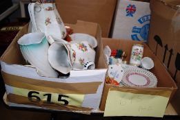 Two boxes of ceramics to include graduating jugs, delft china, leonardo figure etc.