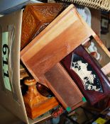 A box of wooden wares to include inlaid boxes, straw work decorated boxes and other items