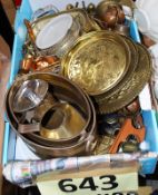 A box of brass and copper wares to include bells, wall plaques etc.