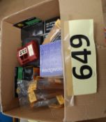 A box of smoke alarms, Wedgwood glass paperweight, keyrings etc.