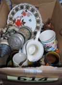 A box of ceramics to include musical stein hand painted wood jug, vases etc.