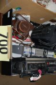 A mixed lot of items to include a radio, travel iron. Humax digital box, a Fujica 35 auto m camera