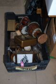 A good mixed box to include Tribal carvings, drums, trinket boxes and others