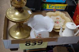 A brass oil lamp having milk glass shade, glass flue etc. Together with 2 19th century Staffordshire