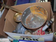 A mixed box of metal wares to include Kukri knives, brasswares, copper pan etc,