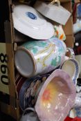 A box of mixed china to include butter dishes, Royal Venton fruit bowl, earthenware, inhaler etc.